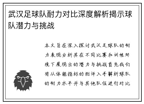 武汉足球队耐力对比深度解析揭示球队潜力与挑战